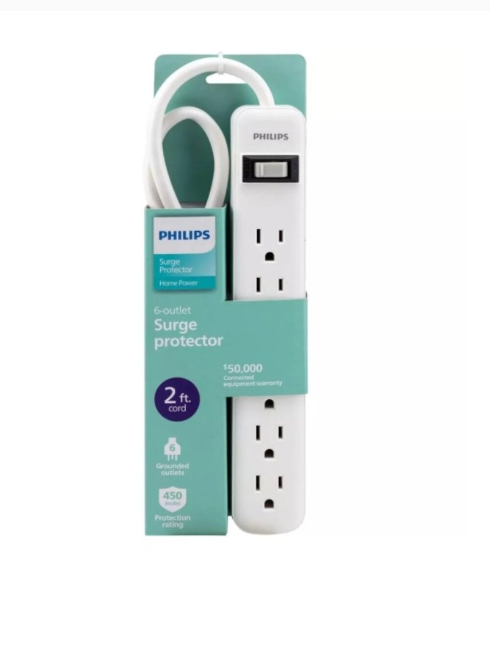 Philips 6-Outlet Surge Protector with 2ft Extension Cord, White 450: Joules Rati